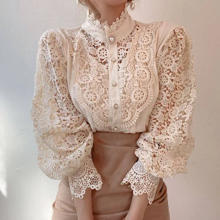 Women Chiffon Button Turtleneck Shirt Chic Elegant Floral Lace Fluffy Long Sleeve Top Fashion Hollow Oversize White Blouse 2025