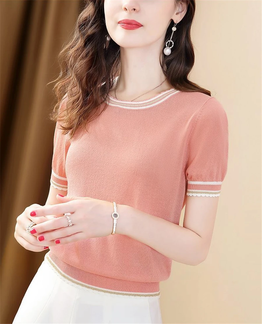 Summer Classic Knit Crop Tops Women's Elegant Short Sleeve Thin Stylish O-neck T-shirts Korean Oversized Loose Chic Knitwear Tee