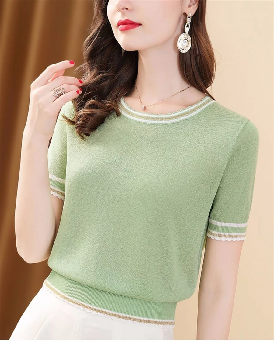 Summer Classic Knit Crop Tops Women's Elegant Short Sleeve Thin Stylish O-neck T-shirts Korean Oversized Loose Chic Knitwear Tee