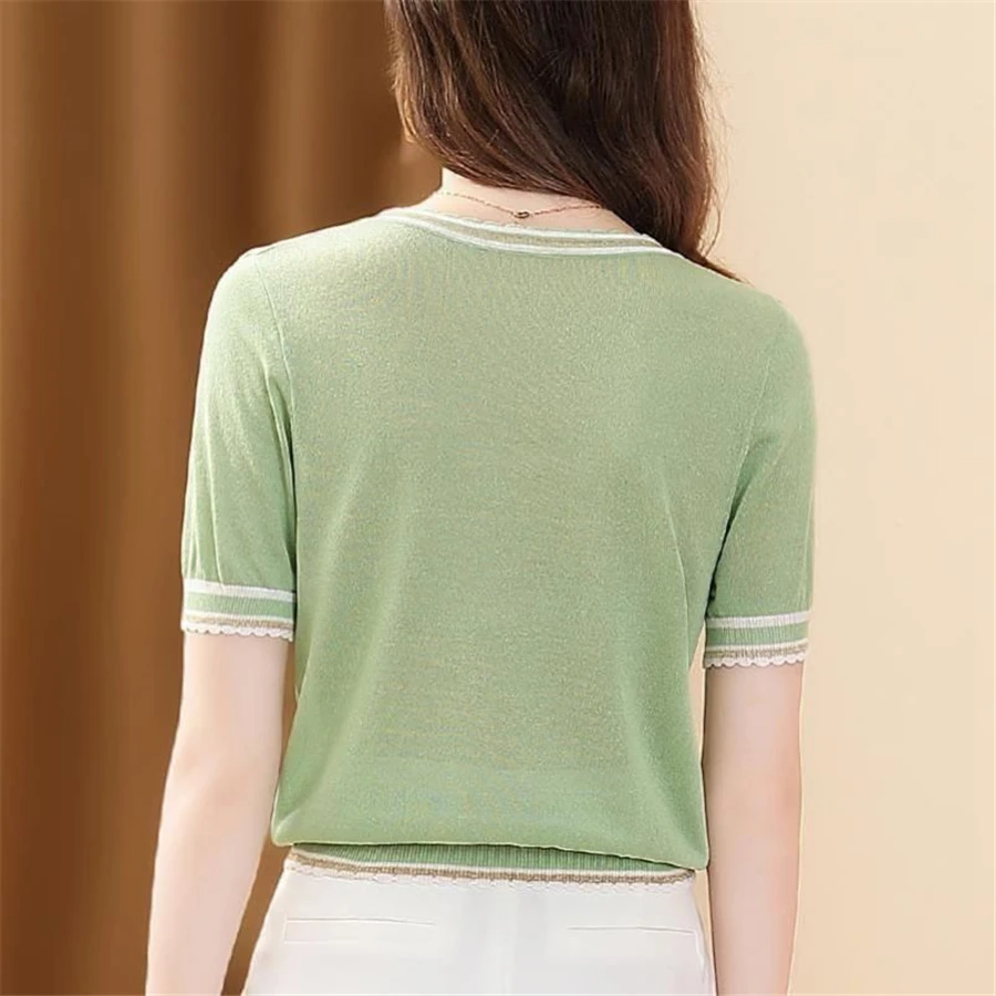 Summer Classic Knit Crop Tops Women's Elegant Short Sleeve Thin Stylish O-neck T-shirts Korean Oversized Loose Chic Knitwear Tee