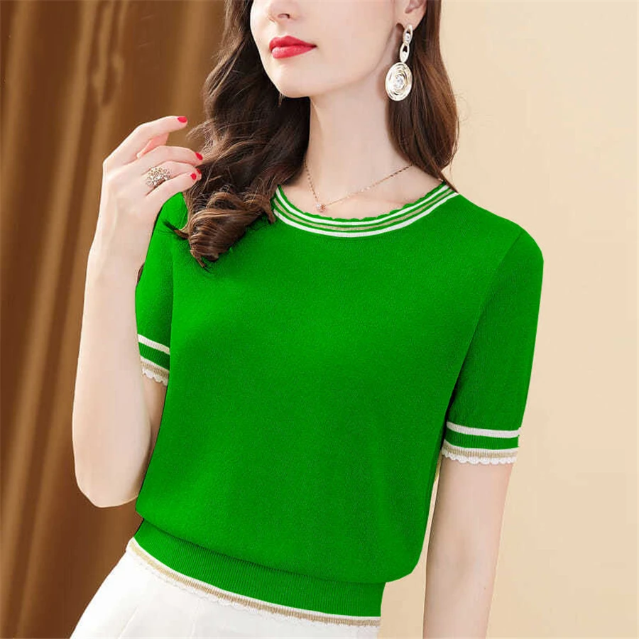 Summer Classic Knit Crop Tops Women's Elegant Short Sleeve Thin Stylish O-neck T-shirts Korean Oversized Loose Chic Knitwear Tee