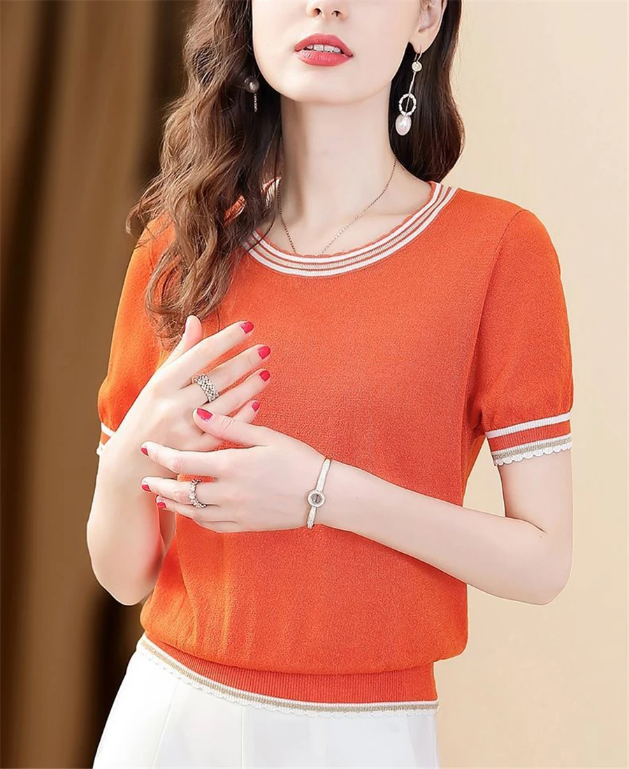 Summer Classic Knit Crop Tops Women's Elegant Short Sleeve Thin Stylish O-neck T-shirts Korean Oversized Loose Chic Knitwear Tee