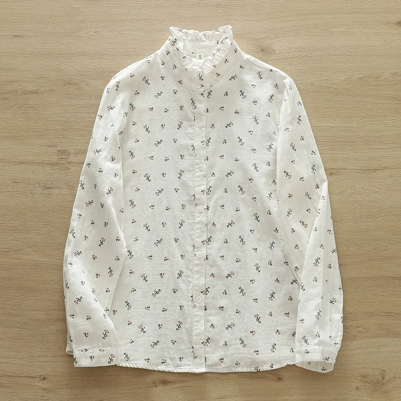 New Autumn 2 Layer Cotton Yarn Floral Shirts Women Ruffled Collar Tops Long Sleeve Loose Casual Blouses Spring 2023 T37959JM