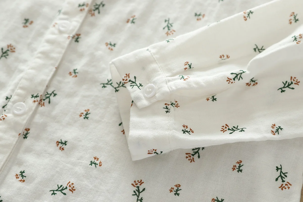 New Autumn 2 Layer Cotton Yarn Floral Shirts Women Ruffled Collar Tops Long Sleeve Loose Casual Blouses Spring 2023 T37959JM