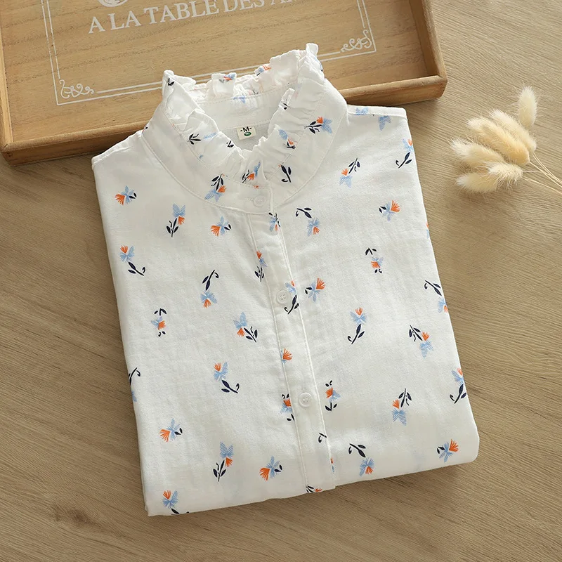 New Autumn 2 Layer Cotton Yarn Floral Shirts Women Ruffled Collar Tops Long Sleeve Loose Casual Blouses Spring 2023 T37959JM