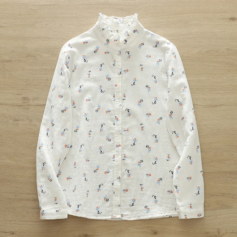 New Autumn 2 Layer Cotton Yarn Floral Shirts Women Ruffled Collar Tops Long Sleeve Loose Casual Blouses Spring 2023 T37959JM