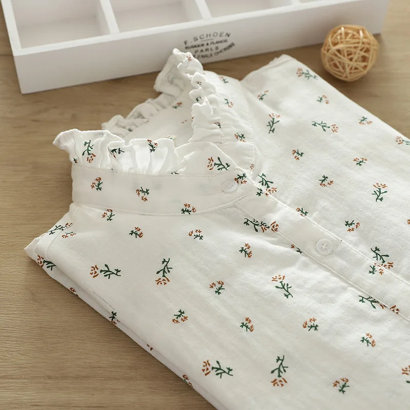 New Autumn 2 Layer Cotton Yarn Floral Shirts Women Ruffled Collar Tops Long Sleeve Loose Casual Blouses Spring 2023 T37959JM