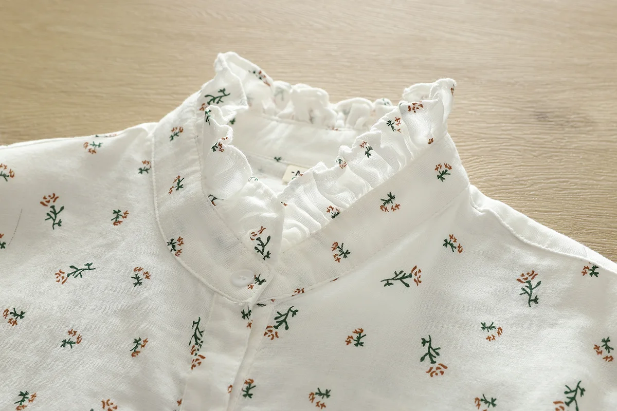 New Autumn 2 Layer Cotton Yarn Floral Shirts Women Ruffled Collar Tops Long Sleeve Loose Casual Blouses Spring 2023 T37959JM