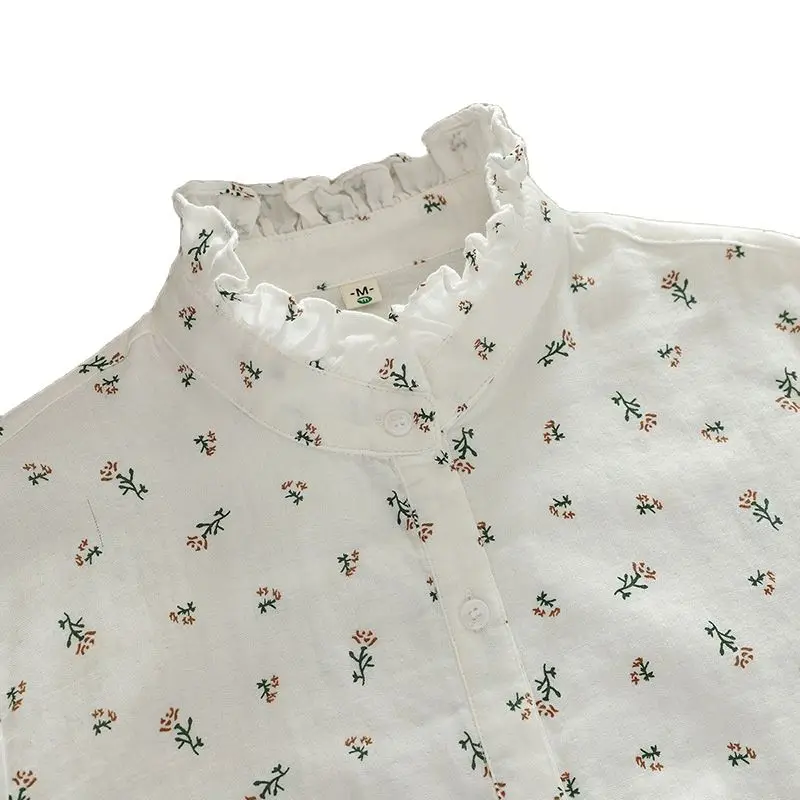 New Autumn 2 Layer Cotton Yarn Floral Shirts Women Ruffled Collar Tops Long Sleeve Loose Casual Blouses Spring 2023 T37959JM