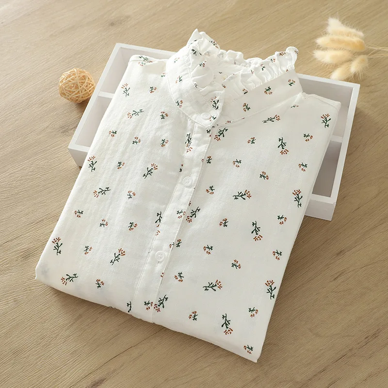 New Autumn 2 Layer Cotton Yarn Floral Shirts Women Ruffled Collar Tops Long Sleeve Loose Casual Blouses Spring 2023 T37959JM