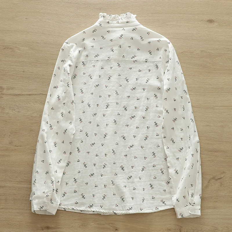 New Autumn 2 Layer Cotton Yarn Floral Shirts Women Ruffled Collar Tops Long Sleeve Loose Casual Blouses Spring 2023 T37959JM