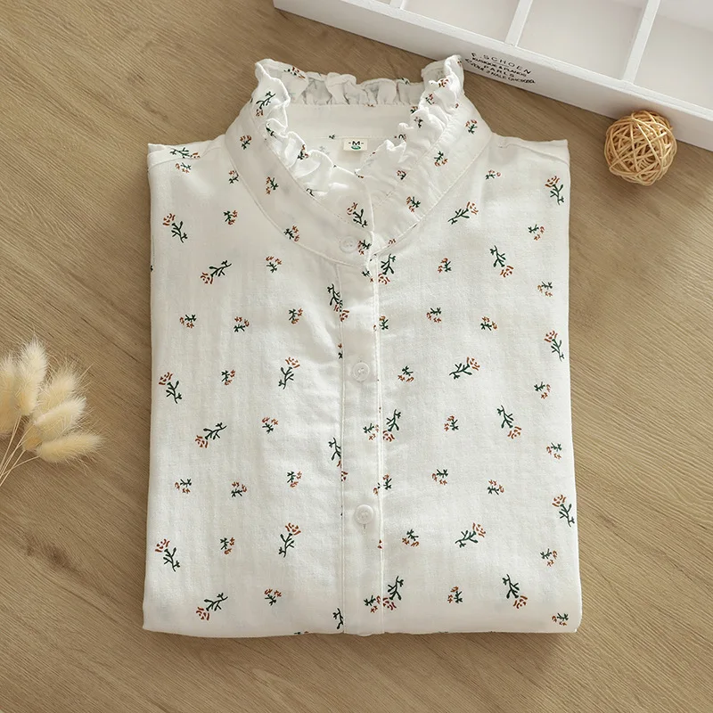 New Autumn 2 Layer Cotton Yarn Floral Shirts Women Ruffled Collar Tops Long Sleeve Loose Casual Blouses Spring 2023 T37959JM