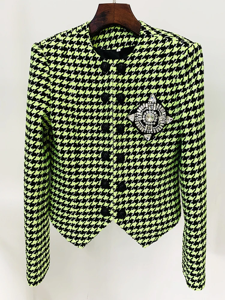 HIGH STREET Newest 2026 Fashion Designer Women's Lion Buttons Logo Beaded Houndstooth Tweed Jacket