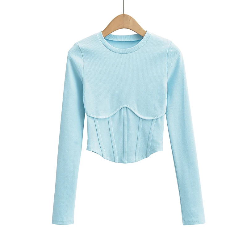 Vintage y2k streetwear white crop tops women long sleeve tees sexy o neck cropped t shirt bright line black tops cute ribbed