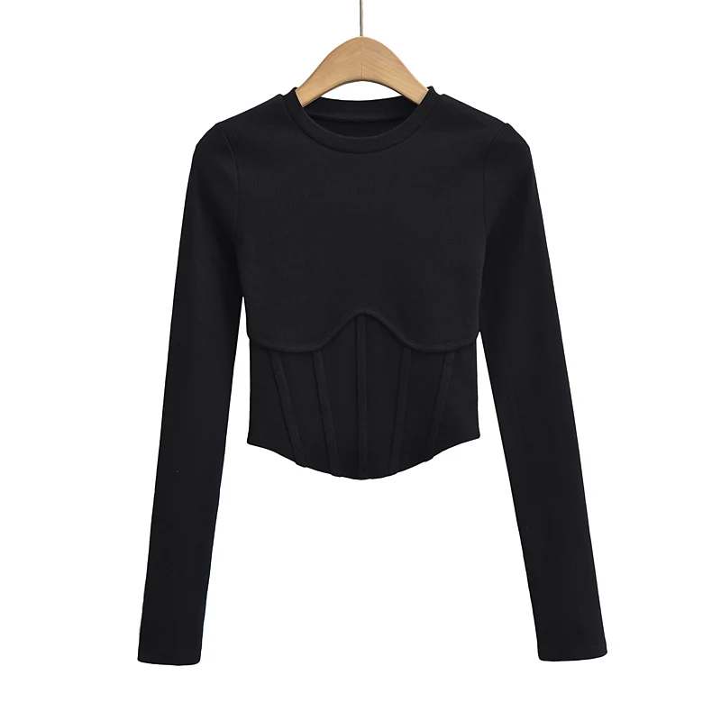 Vintage y2k streetwear white crop tops women long sleeve tees sexy o neck cropped t shirt bright line black tops cute ribbed