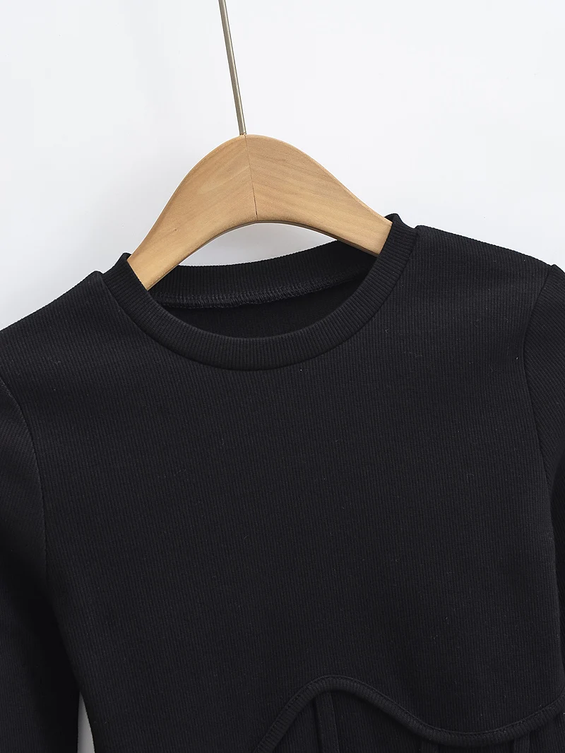 Vintage y2k streetwear white crop tops women long sleeve tees sexy o neck cropped t shirt bright line black tops cute ribbed