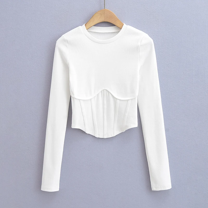 Vintage y2k streetwear white crop tops women long sleeve tees sexy o neck cropped t shirt bright line black tops cute ribbed