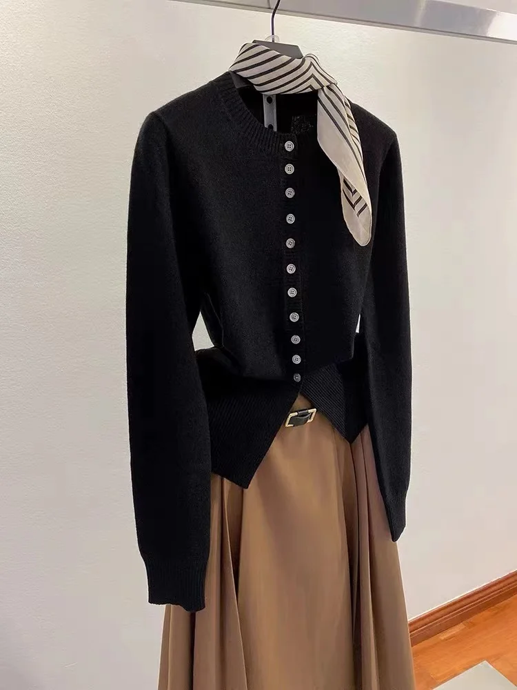 Spring Autumn Women Wool Blend Sweater O-neck High Waist Cardigan New Fashion Casual Knitted Slim Soft Jacket Bottoming Tops