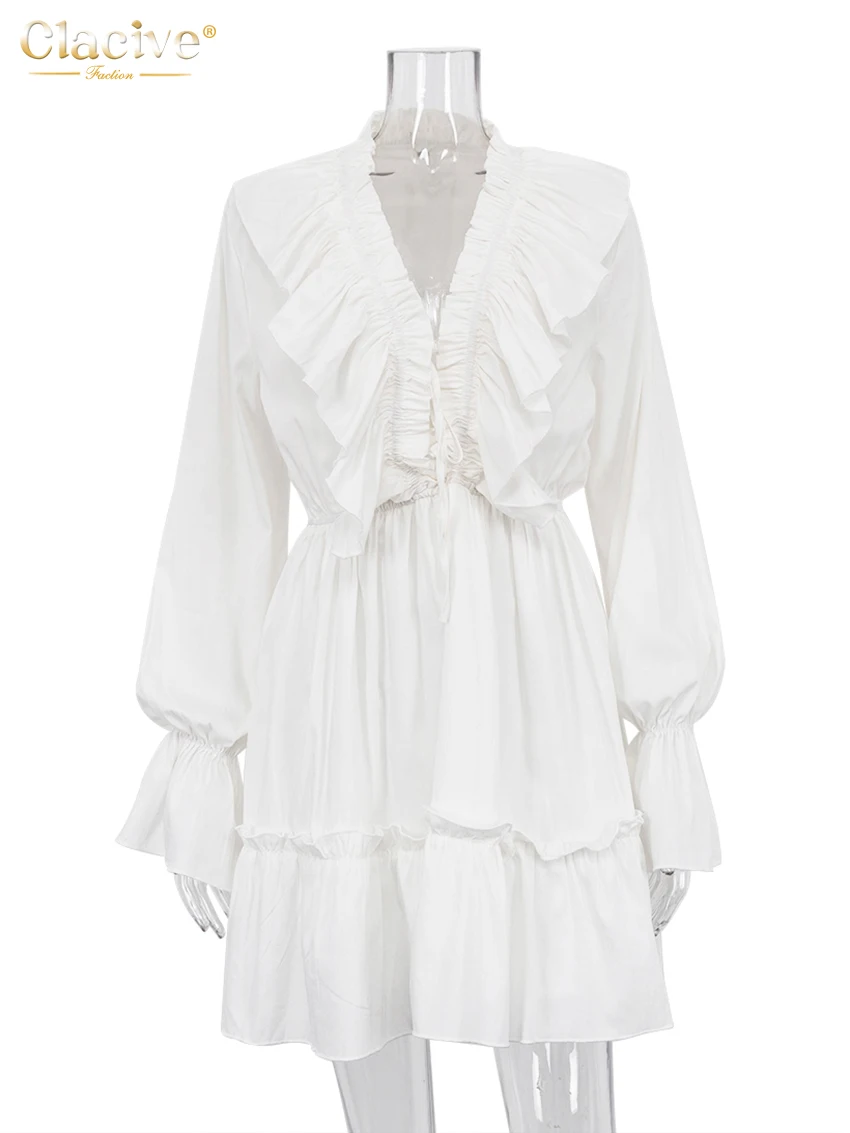 Clacive Sexy Loose White Dress Ladies Fashion V-Neck Long Sleeve Mini Dress Elegant Ruffle High Waist Dresses For Women 2023