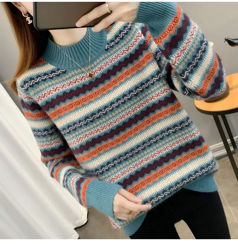 Half high collar women's sweater Autumn winter 2025 new loose pullover sweaters warm thicken stripe vintage ethnic style knitwea