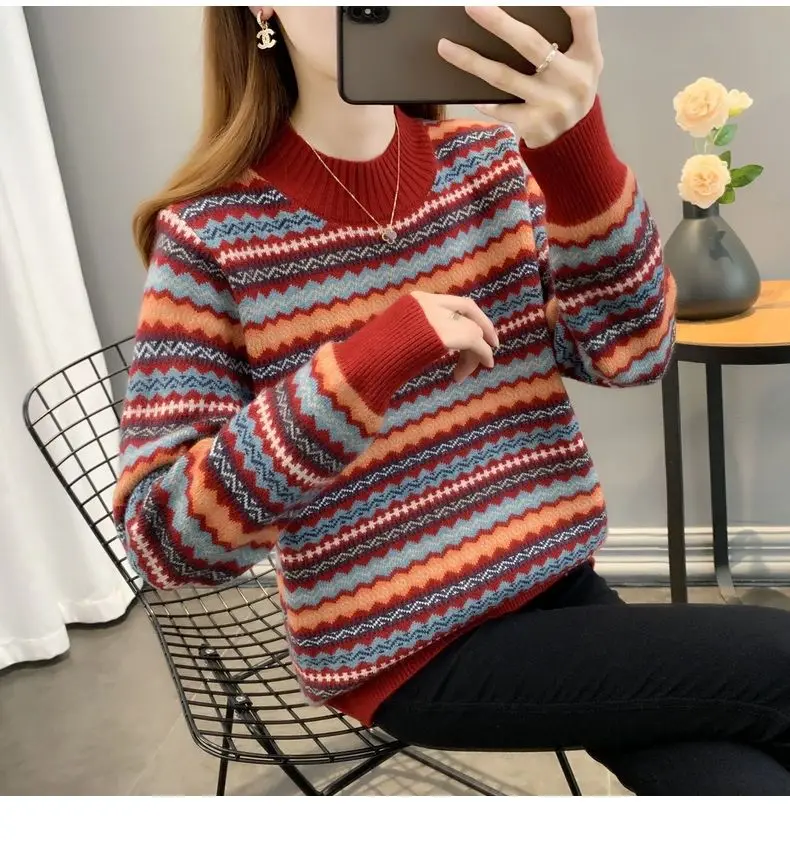 Half high collar women's sweater Autumn winter 2025 new loose pullover sweaters warm thicken stripe vintage ethnic style knitwea