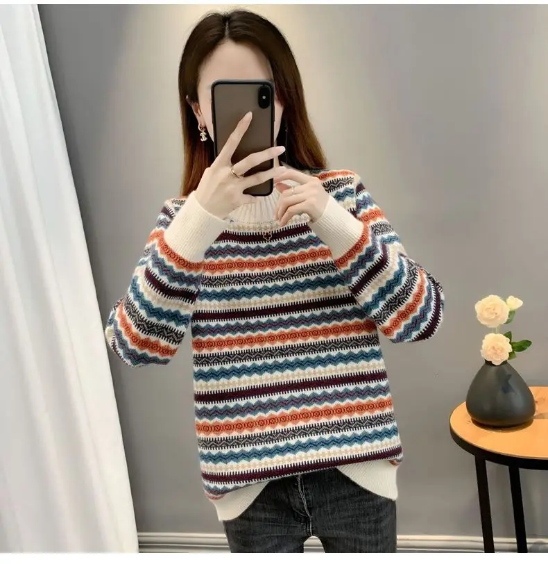 Half high collar women's sweater Autumn winter 2025 new loose pullover sweaters warm thicken stripe vintage ethnic style knitwea