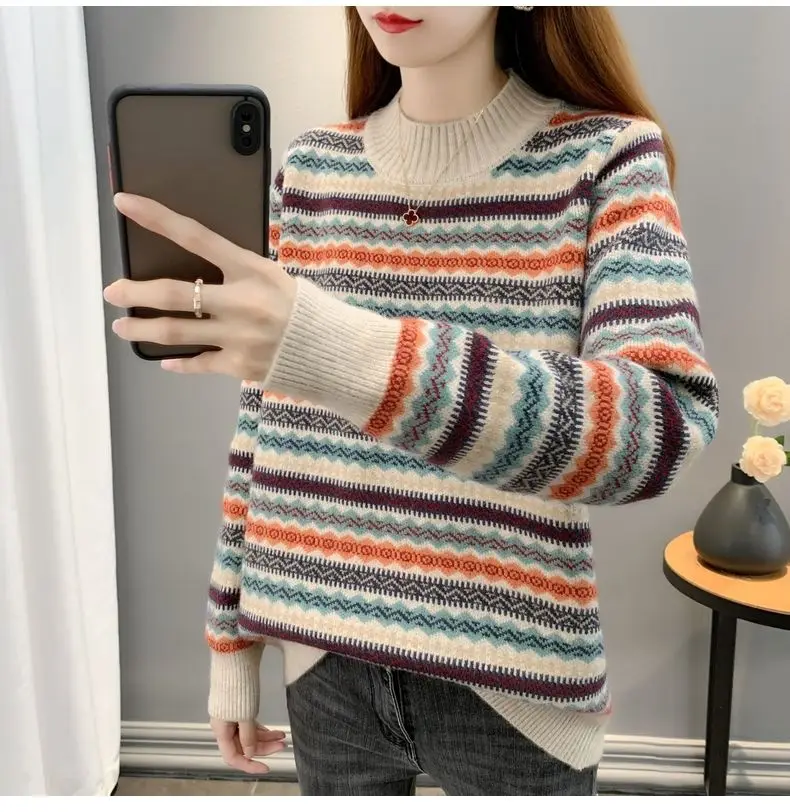 Half high collar women's sweater Autumn winter 2025 new loose pullover sweaters warm thicken stripe vintage ethnic style knitwea