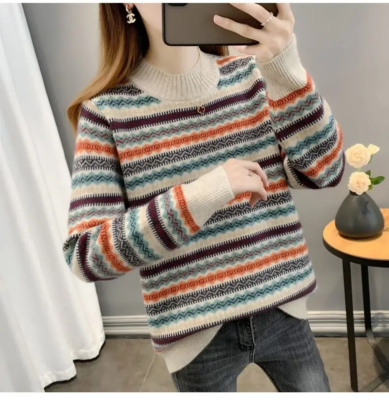 Half high collar women's sweater Autumn winter 2025 new loose pullover sweaters warm thicken stripe vintage ethnic style knitwea