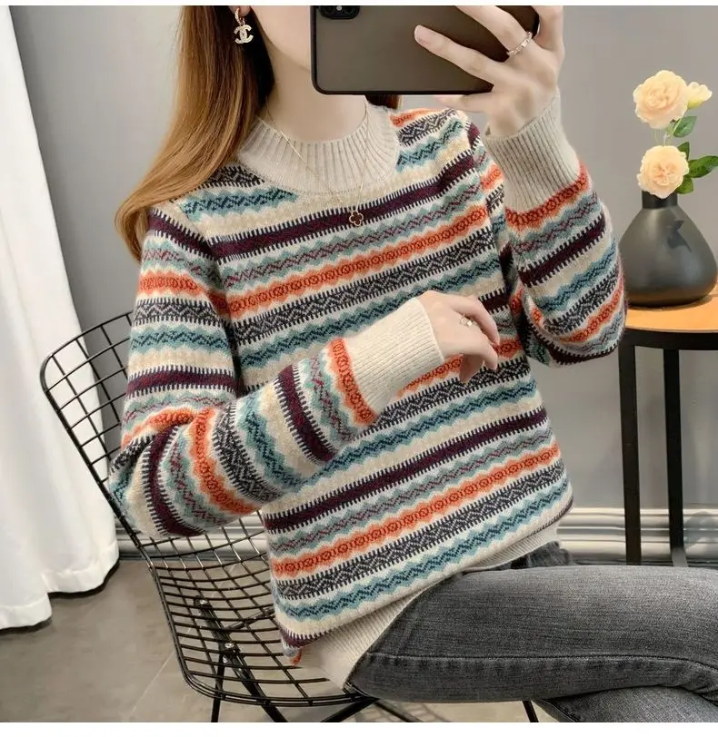 Half high collar women's sweater Autumn winter 2025 new loose pullover sweaters warm thicken stripe vintage ethnic style knitwea