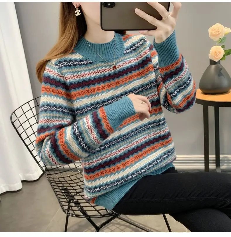 Half high collar women's sweater Autumn winter 2025 new loose pullover sweaters warm thicken stripe vintage ethnic style knitwea