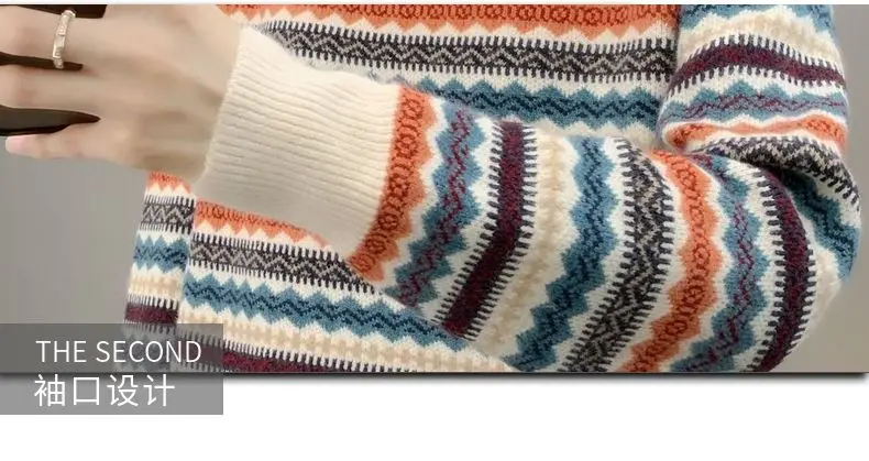 Half high collar women's sweater Autumn winter 2025 new loose pullover sweaters warm thicken stripe vintage ethnic style knitwea