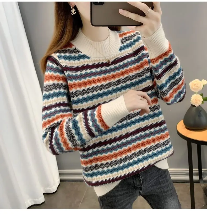 Half high collar women's sweater Autumn winter 2025 new loose pullover sweaters warm thicken stripe vintage ethnic style knitwea