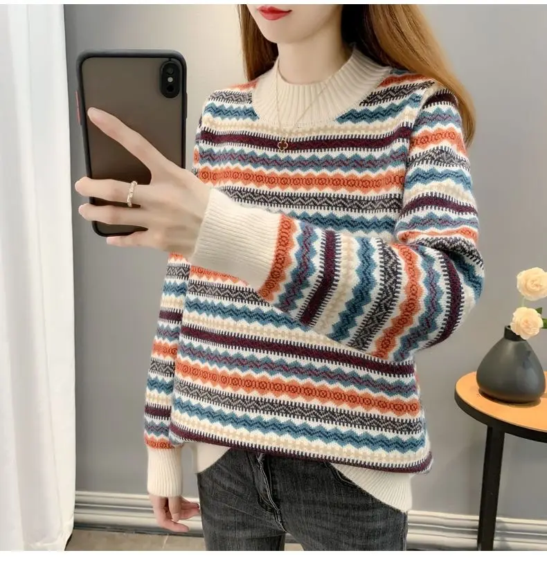 Half high collar women's sweater Autumn winter 2025 new loose pullover sweaters warm thicken stripe vintage ethnic style knitwea