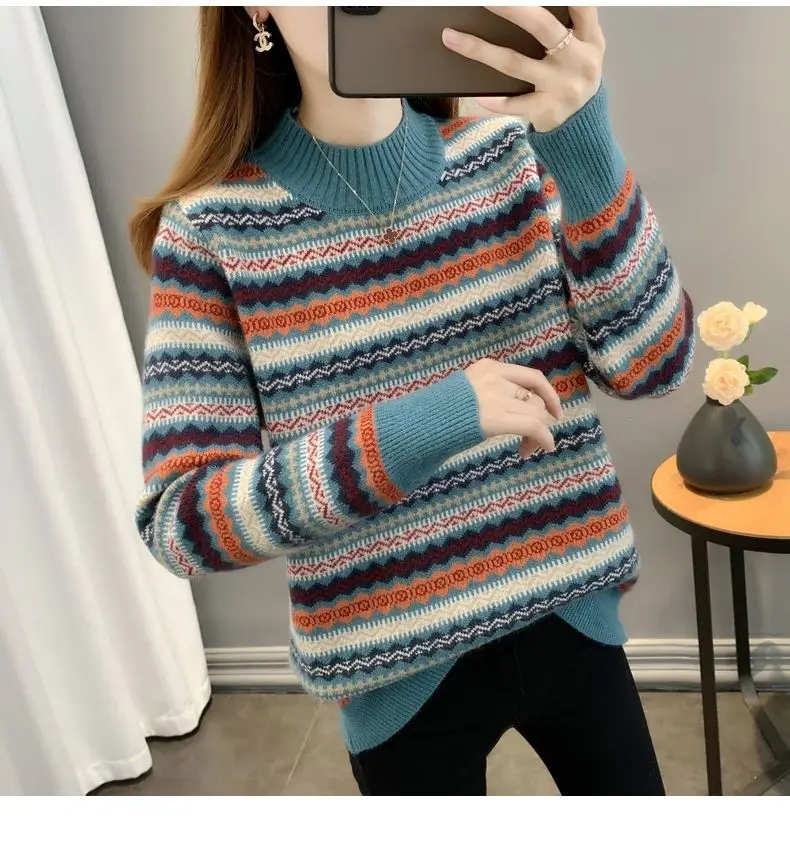Half high collar women's sweater Autumn winter 2025 new loose pullover sweaters warm thicken stripe vintage ethnic style knitwea