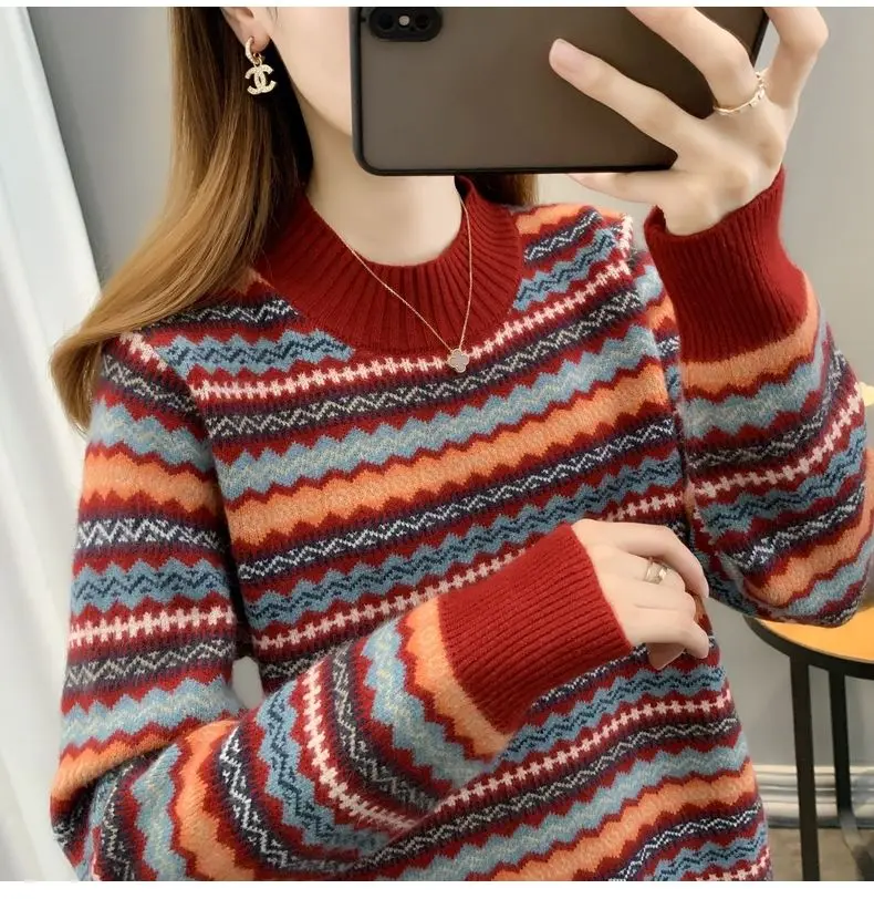 Half high collar women's sweater Autumn winter 2025 new loose pullover sweaters warm thicken stripe vintage ethnic style knitwea