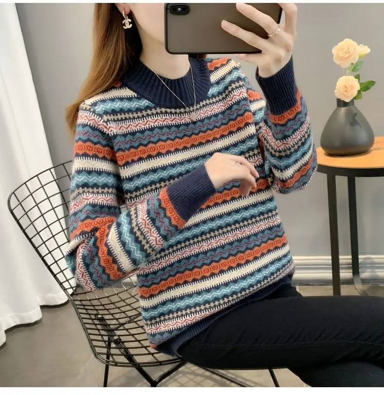 Half high collar women's sweater Autumn winter 2025 new loose pullover sweaters warm thicken stripe vintage ethnic style knitwea
