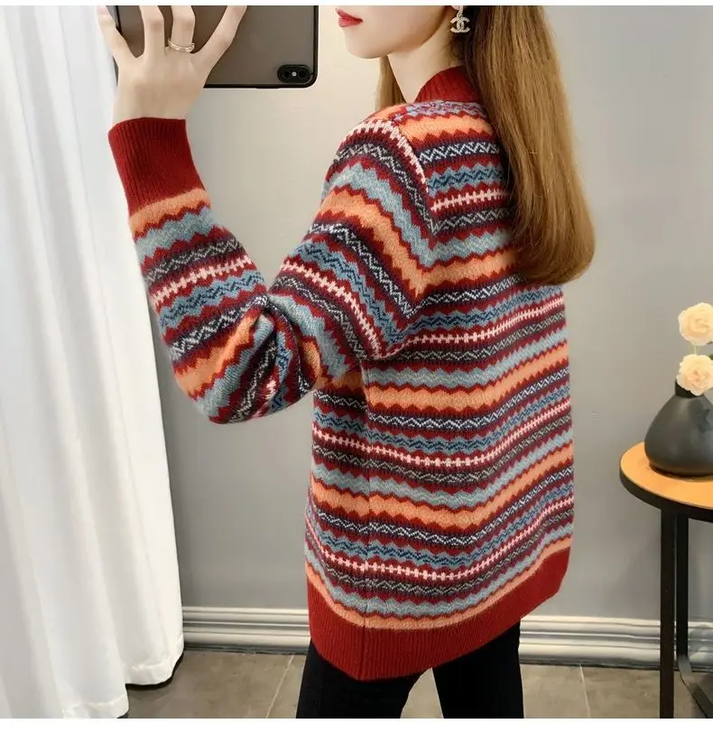 Half high collar women's sweater Autumn winter 2025 new loose pullover sweaters warm thicken stripe vintage ethnic style knitwea