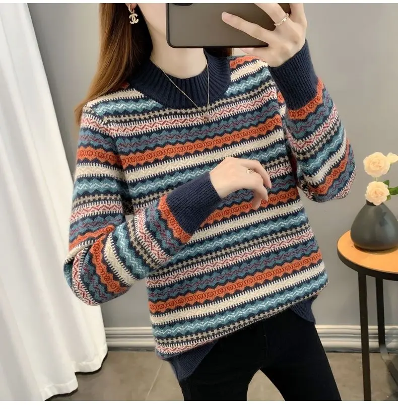 Half high collar women's sweater Autumn winter 2025 new loose pullover sweaters warm thicken stripe vintage ethnic style knitwea