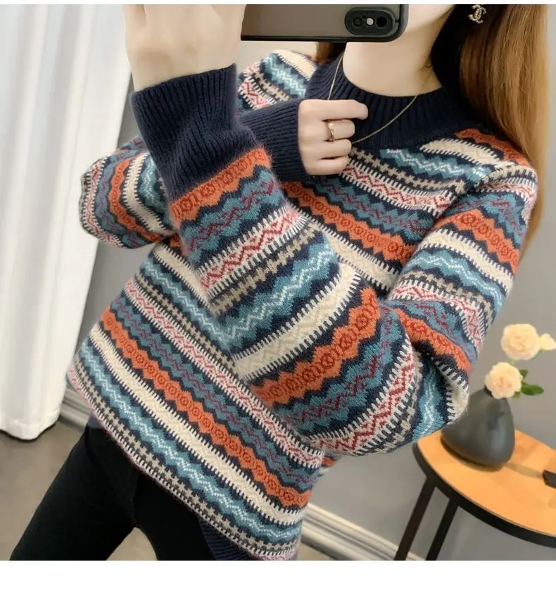 Half high collar women's sweater Autumn winter 2025 new loose pullover sweaters warm thicken stripe vintage ethnic style knitwea