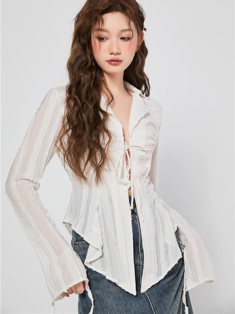 CHEERART Bandage Chiffon Long Sleeve Shirts & Blouses Designer Top For Women 2023 Collar Shirt Fashion Trendingclothes