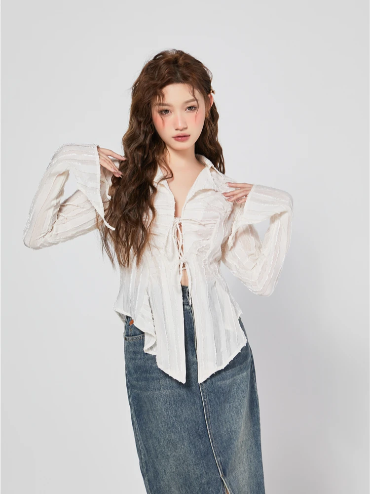 CHEERART Bandage Chiffon Long Sleeve Shirts & Blouses Designer Top For Women 2023 Collar Shirt Fashion Trendingclothes