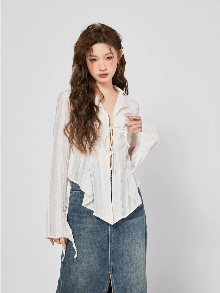CHEERART Bandage Chiffon Long Sleeve Shirts & Blouses Designer Top For Women 2023 Collar Shirt Fashion Trendingclothes