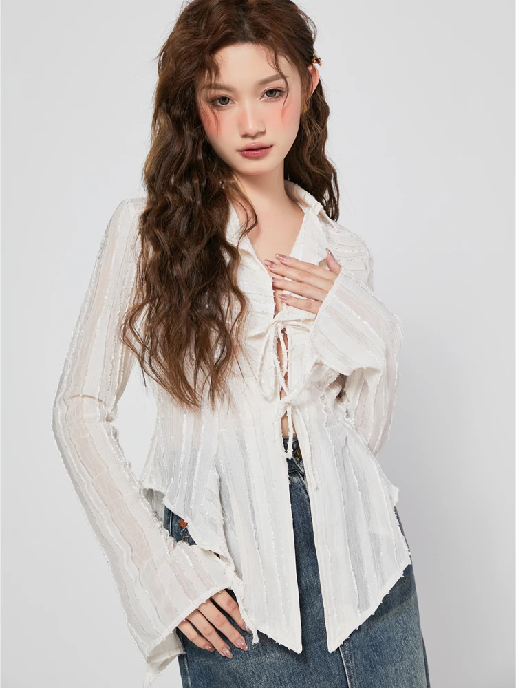 CHEERART Bandage Chiffon Long Sleeve Shirts & Blouses Designer Top For Women 2023 Collar Shirt Fashion Trendingclothes