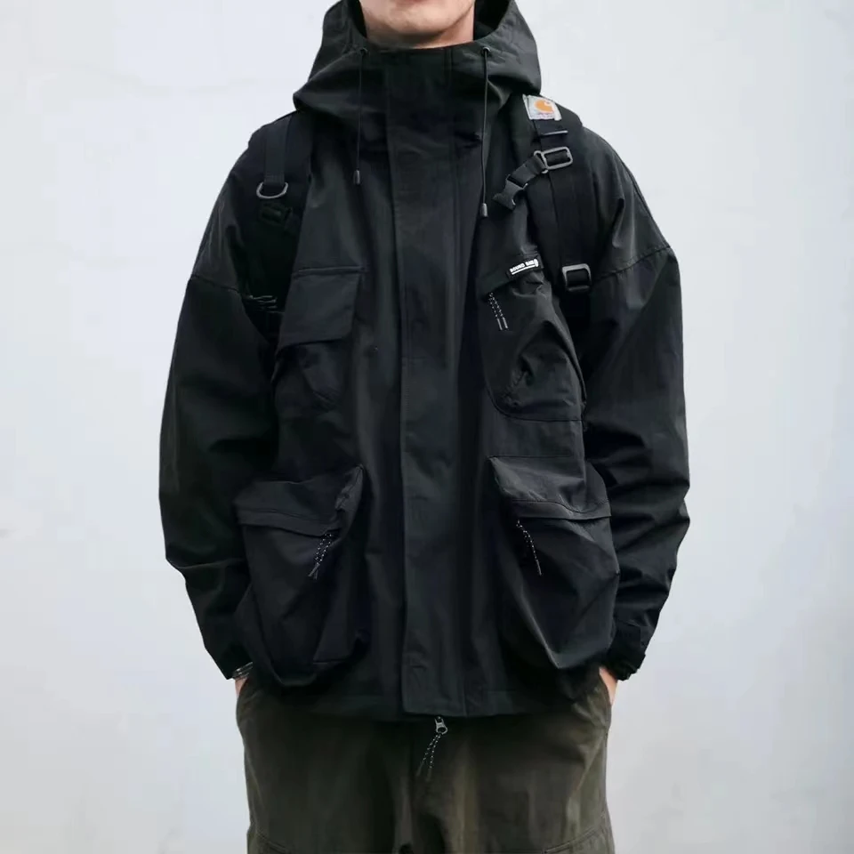 Multi Pocket Hooded Cargo Jacket Men Women Japanese Harajuku Casual Windbreak Jacket Outdoor Spring Autumn Fashion Couple Coats