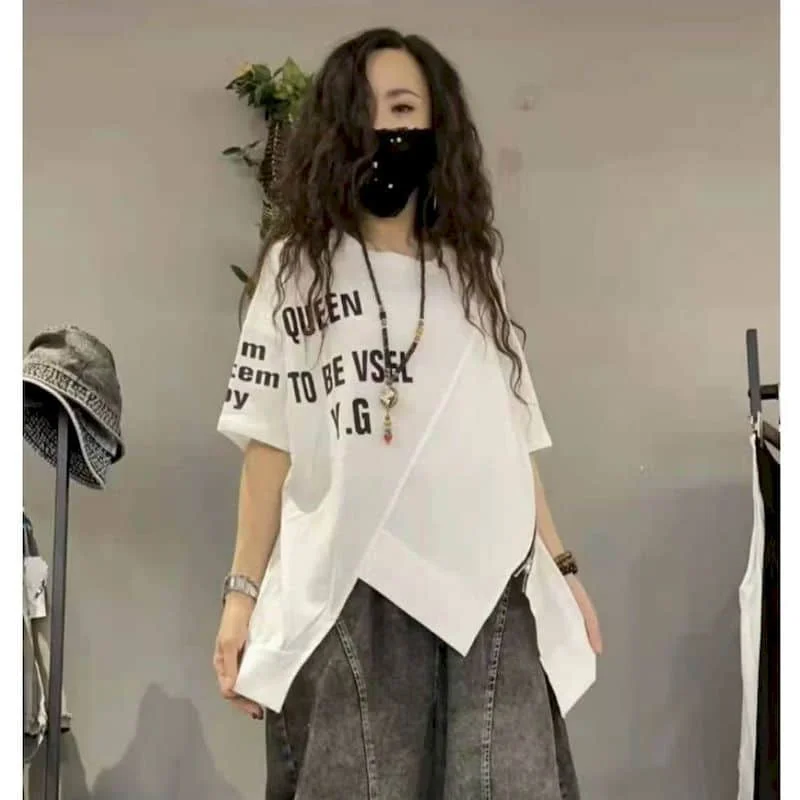 Summer Trend T-shirts Women Fashion Letter Print Zipper Design T Shirt Fashion Irregular Short Sleeve Tops Loose Thin Tshirt Y2k
