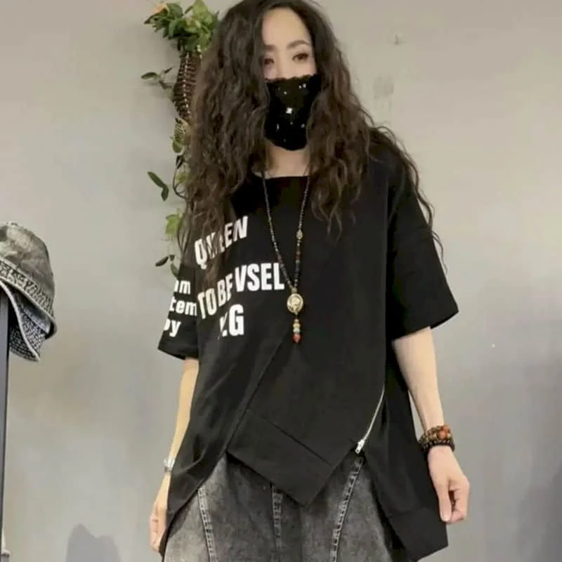 Summer Trend T-shirts Women Fashion Letter Print Zipper Design T Shirt Fashion Irregular Short Sleeve Tops Loose Thin Tshirt Y2k