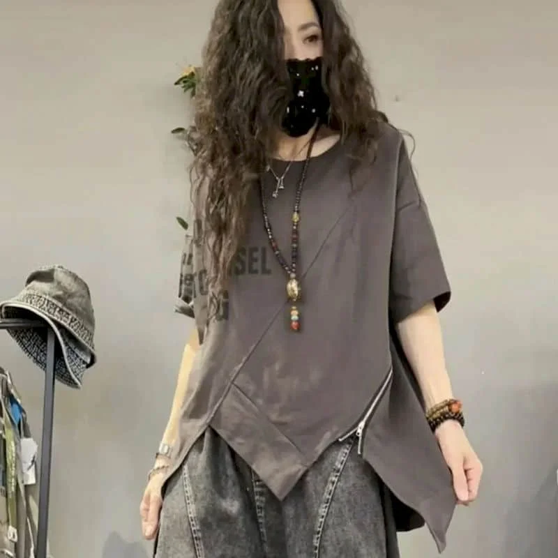 Summer Trend T-shirts Women Fashion Letter Print Zipper Design T Shirt Fashion Irregular Short Sleeve Tops Loose Thin Tshirt Y2k