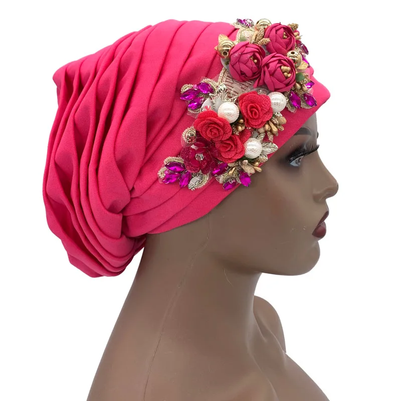 Luxury Rhinestone Flower Pleated Turban Cap Elegant Women's Head Wrap Headscarf Bonnet Female Party Headwear Hat Turbante
