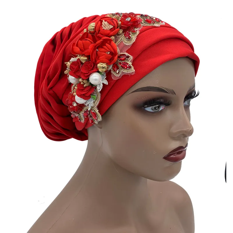 Luxury Rhinestone Flower Pleated Turban Cap Elegant Women's Head Wrap Headscarf Bonnet Female Party Headwear Hat Turbante