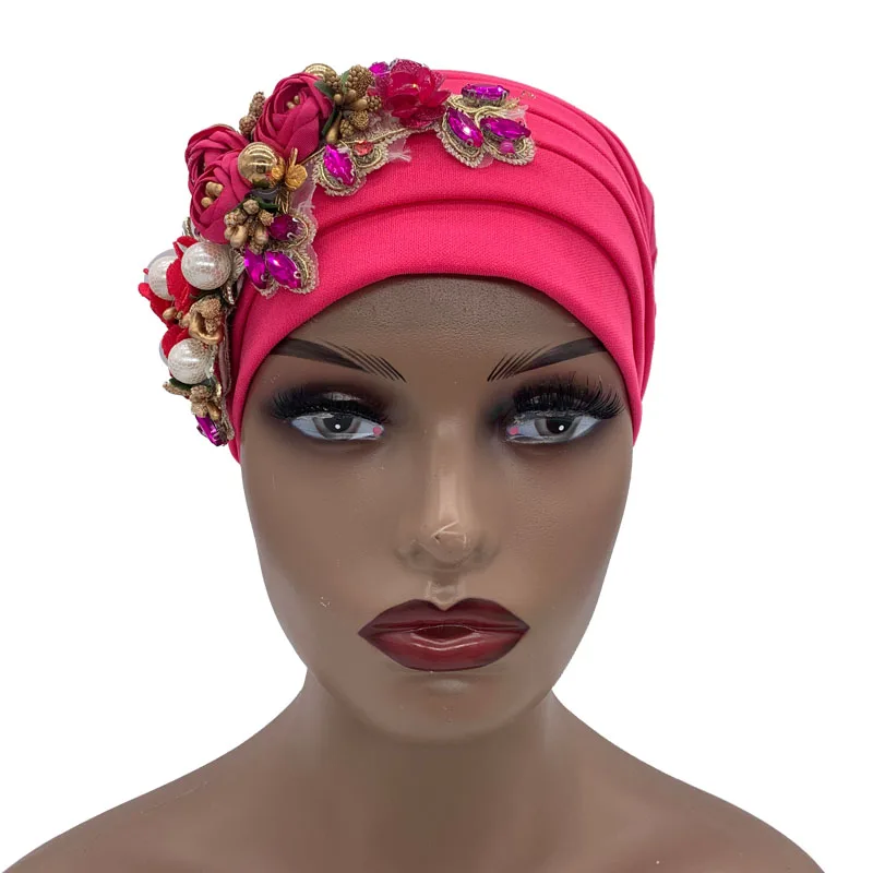 Luxury Rhinestone Flower Pleated Turban Cap Elegant Women's Head Wrap Headscarf Bonnet Female Party Headwear Hat Turbante